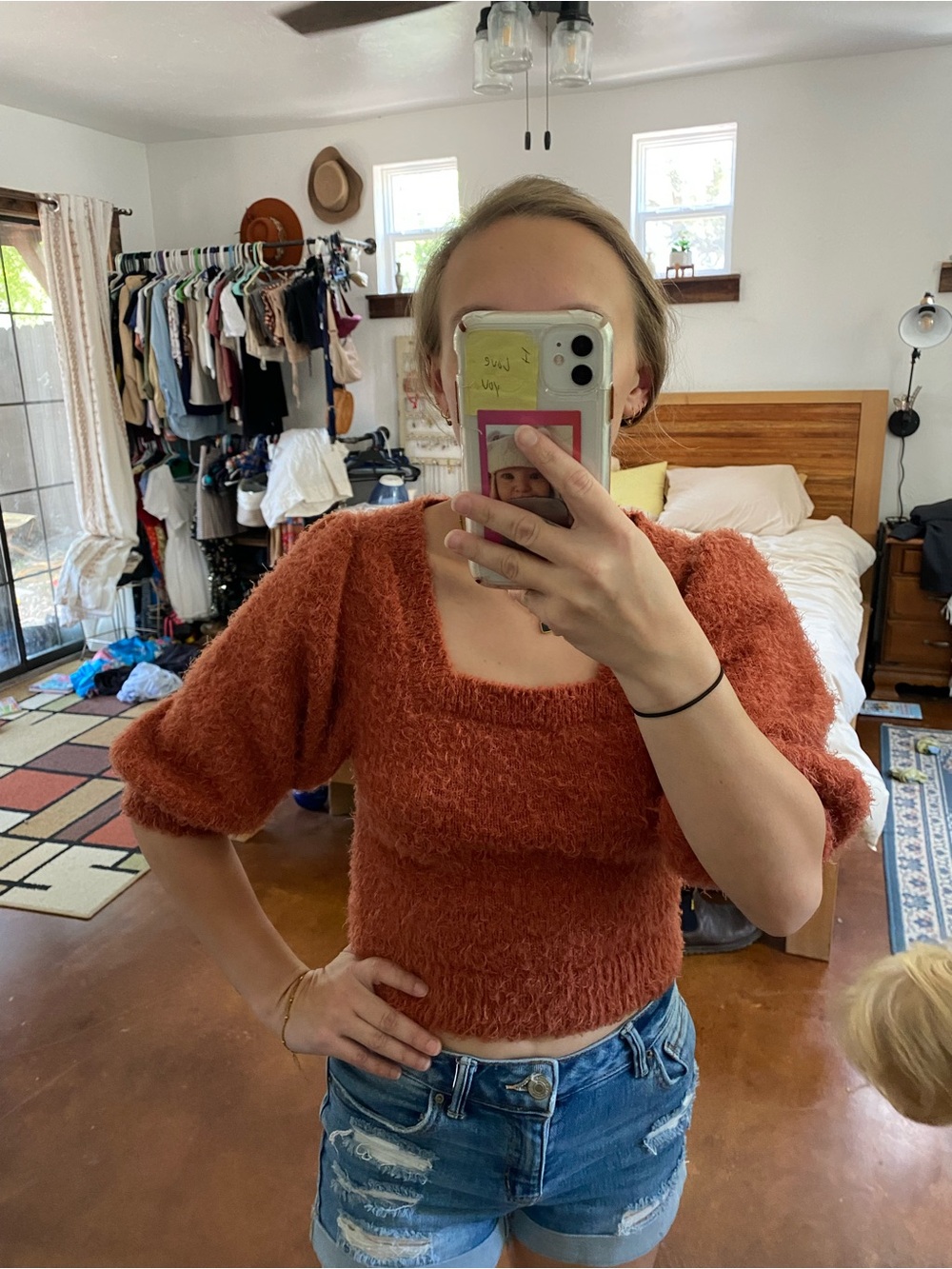 wild fable Rust Orange Fuzzy Puffed Sleeve Crop Top